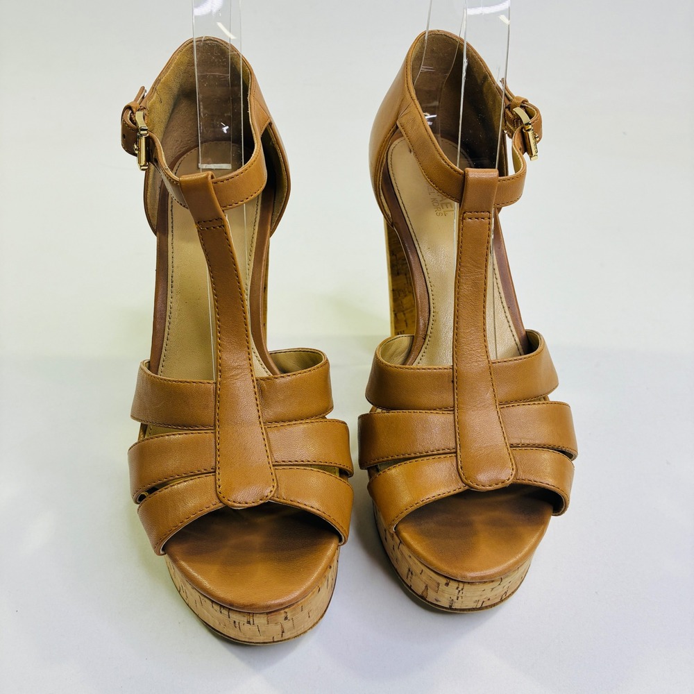 Michael Kors Camal Catalina Leather T-Strap Cork Platform Block Heel Sandals 7M - Picture 2 of 8